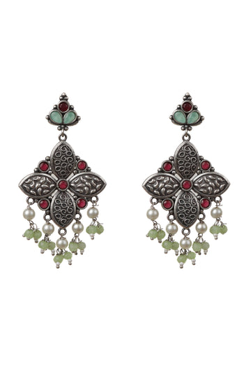 Multicoloured Kundan Oxidized Pearl Drop Earrings